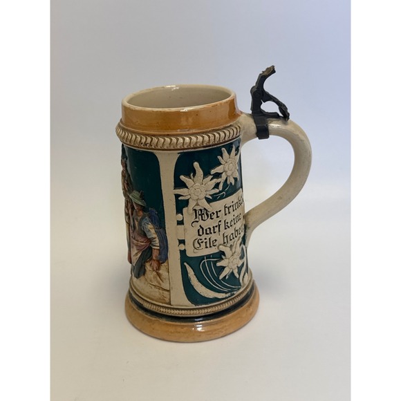 Vintage German Beer Stein Mug Pewter Lid Edelweiss Relief Quote Man Scene - Picture 1 of 5